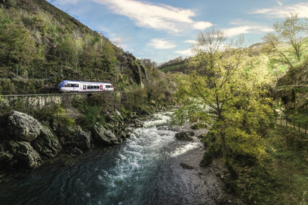 un train TER qui circule entre bayonne et saint jean pied de port au pays basque, le long de la nive. ici à itxassou